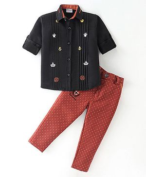 Dapper Dudes Full Sleeves  Anchor Embroidered Shirt With Abstract Printed Pant - Black