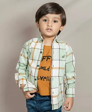 Polka Tots Full Sleeves Plaid Checked Shirt With Attached Tee - Green