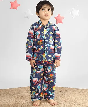 Polka Tots Full Sleeves Space Theme Printed Coordinating Night Suit - Blue