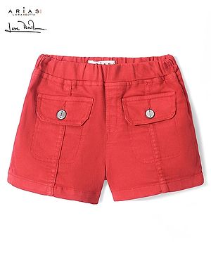 Arias  Cotton Woven Stretch Front Flap Pocket Elasticated Waist Overdyed Shorts Solid Colour - Red