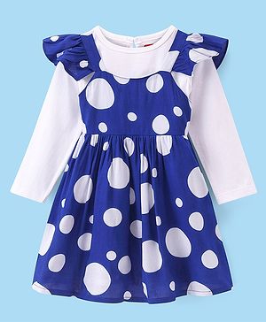Babyhug Cotton Woven Polka Dots Printed Frock with Full Sleeves Solid Colour Inner Tee - Blue