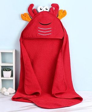 Babyhug Terry Towel With Hood and Crab Applique L 76.2 x B 76.2 cm - Red