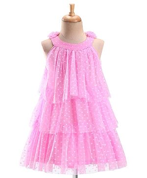 Babyhug Sleeveless Polka Dot Print Layered Frock with Net - Pink
