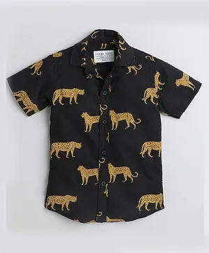 Polka Tots Cotton Half Sleeves Leopard Printed Shirt - Black