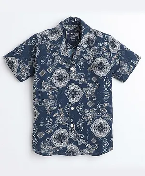 Polka Tots Cotton Half Sleeves Ethnic Motif Printed Shirt - Navy Blue