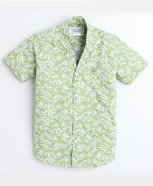 Polka Tots Cotton Half Sleeves Floral Printed Tennis Collar Shirt - Green