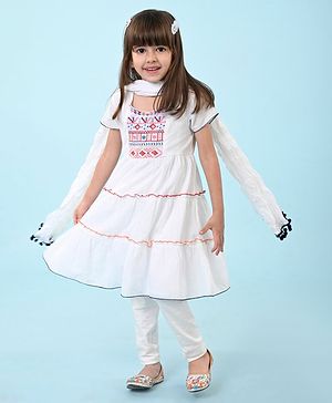 Babyhug Cotton Embroidered Half Sleeves Kurta & Knit Churidar Set With Crush Dupatta - White