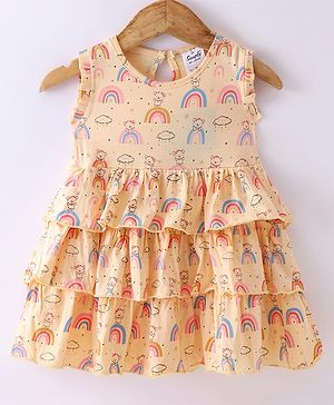 Simply Sinker Sleeveless Teddy & Rainbow Printed Layered Frock - Yellow