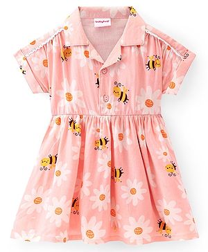 Babyhug Rayon Woven Half Sleeves Floral Printed Frock - Peach