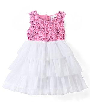Babyhug Woven Sleeveless Frock with                                                                      Frill &  Floral Lace - Pink