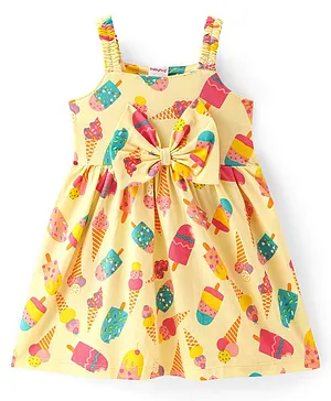 Babyhug 100% Cotton Single Jersey Knit Sleeveless Frock With Bow Applique & Ice Cream Print - Yellow