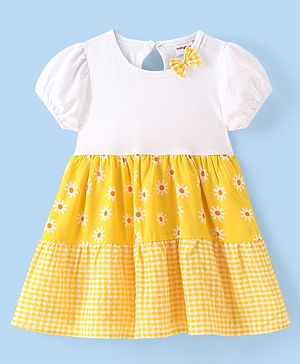Babyhug Rayon Woven Half Sleeves Frock With Floral Print & Bow - Yellow