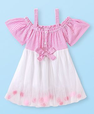 Babyhug Woven Half Sleeves Off Shoulder Striped Frock With Mesh Overlay & Bow - Pink