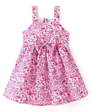 Babyhug Woven Sleeveless Frock with Floral Print & Bow Applique - Pink