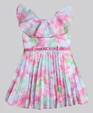 IndiUrbane Sleeveless Tie Dye Printed Pleated Dress With Contrast Belt - Pink
