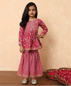 Readiprint Fashions Full Sleeves Sequin Embellished & Floral Printed Kurta With Sharara Set - Pink