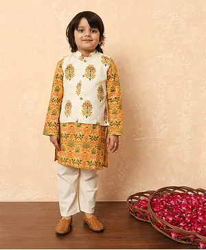 Readiprint Fashions Full Sleeves Floral Motif Printed Kurta & Pyjama With Nehru Jacket Set - Mustard Yellow