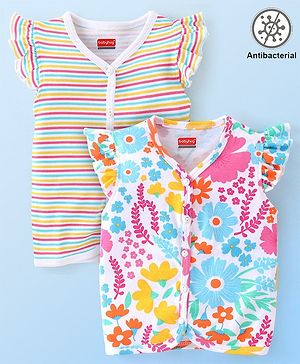 Babyhug 100% Cotton Interlock Knit Frill Sleeves Antibacterial Front Open Vest Stripes & Floral Pack of 2 - Multicolor