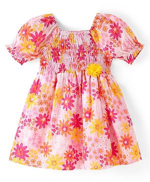 Babyhug 100% Viscose Woven Half Sleeves Frock Floral Print - Pink