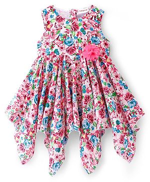 Babyhug 100% Viscose Woven Sleeveless Frock with Floral Print & Applique - Multicolour