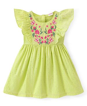 Babyhug Cotton Woven Frill Sleeves Frock with Floral Embroidery - Mint