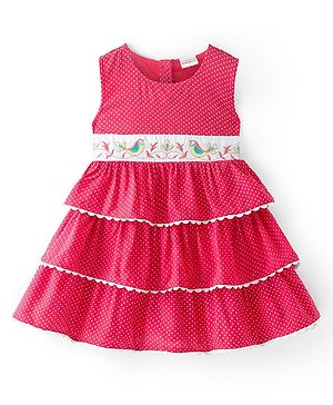 Babyhug Cotton Woven Sleeveless Layered Frock with Polka Dots Print & Bird Embroidery - Red