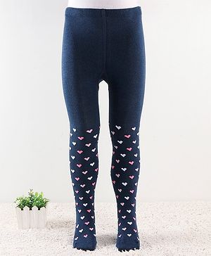 Cute Walk by Babyhug Non Terry Knit Anti Bacterial Footed Tights Heart Design - Navy Blue