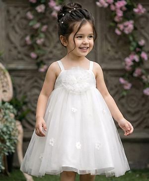 Babyhug Sleeveless  Dress With Corsage & Floral Applique -White
