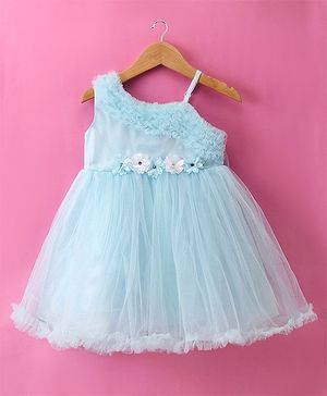 Babyhug Woven Sleeveless Floral Corsage Detailing Fit & Flared Party Frock - Light Blue