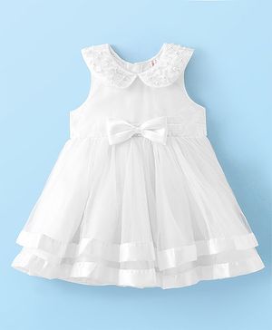 Babyhug Sleeveless Party Fit & Flare  Frock with Pearl Detailing  & Bow Applique - White