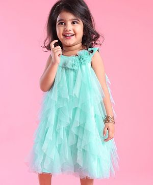 Babyhug Woven Sleeveless Party Wear Frilled Dress With Floral Applique - Mint Blue