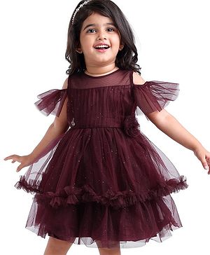Babyhug Cold Shoulder Sleeves Shimmered Fit & Flare Party Frock with Floral Applique  - Maroon