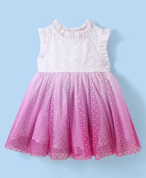 Babyhug Woven Sleeveless Fit and Flare Party Frock With Swiss Dot Mesh -Fuchsia