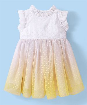 Babyhug Woven Sleeveless Fit and Flare Party Frock With Swiss Dot Mesh -Yellow
