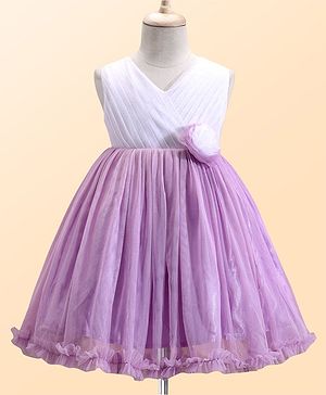 Babyhug Woven Sleeveless Fit and Flare Party Frock with Pleated Yoke & Floral Applique-Lavender & White