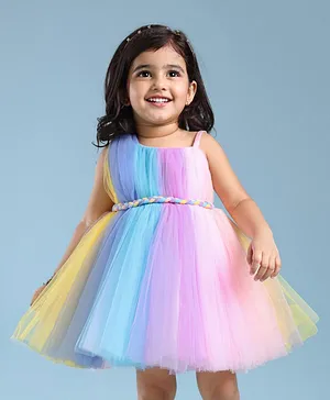 Babyhug Woven Sleeveless Fit and Flare One Shoulder Solid Color Party Frock -Multicolor