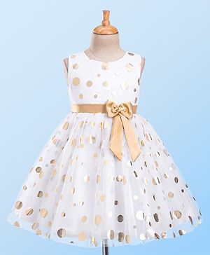 Babyhug Sleeveless Party Dress With Foil Print & Bow Detailing - White