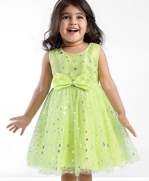 Babyhug Woven Sleeveless Star Foil Printed Party Frock with Bow Applique - Neon Green