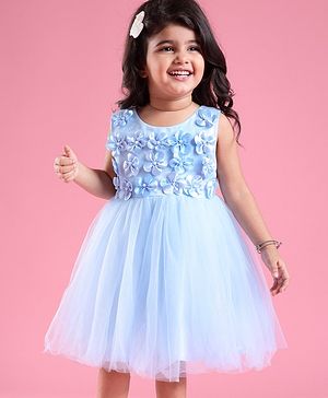 Babyhug Sleeveless Fit & Flared  Party Frock with 3D Floral Applique Pearl Detailing - Blue
