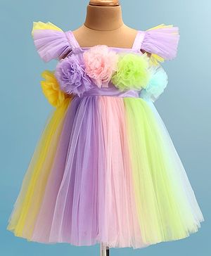 Babyhug Woven Frill Sleeves A Line Party Frock with Floral Corsage - Multicolour