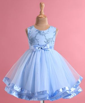 Babyhug Woven Sleeveless Floral Embroidered Party Wear Frock with Bow Applique - Blue