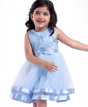 Babyhug Woven Sleeveless Floral Embroidered Party Wear Frock with Bow Applique - Blue