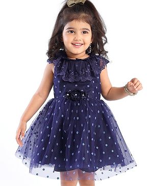 Babyhug Sleeveless Lace & Polka Dots Detailing Fit & Flare Party Frock - Dark Blue