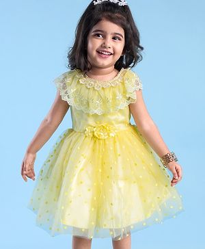Babyhug Woven Sleeveless Party Wear Frock with Floral Corsage & Lace Detailing - Yellow