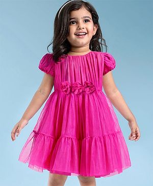 Babyhug Woven Half Puffed Sleeves Solid Color Party Frock with Floral Applique - Dark Pink