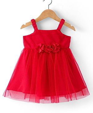 Babyhug Woven Sleeveless Fit & Flared Party Frock With Floral Corsage- Red