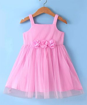 Babyhug Sleeveless Fit & Flared Solid Colour Party Frock with Floral Applique - Pink