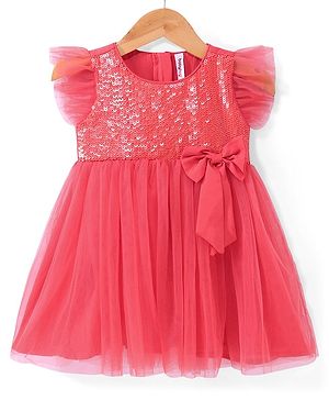 Babyhug Woven Frill Sleeves Fit & Flare Sequinned Party Frock with Bow - Peach