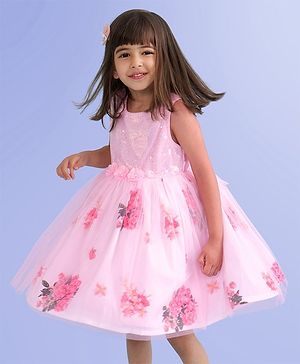 Babyhug Sleeveless Party Frock with Sequin Detailing  Floral Print & Applique - Baby Pink