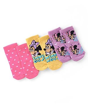 Cute Walk by Babyhug Disney Anti-Bacterial Ankle Length Socks  Dotted & Minnie Mouse Graphics Pack of 3-  Pink Purple & Yellow